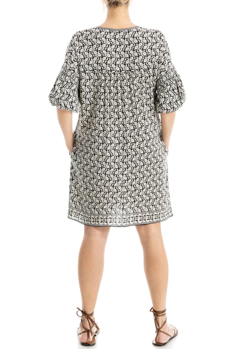 Floral Puff Sleeve Shift Dress, Alternate, color, BLACK/ CREAM BLOCK LEAF