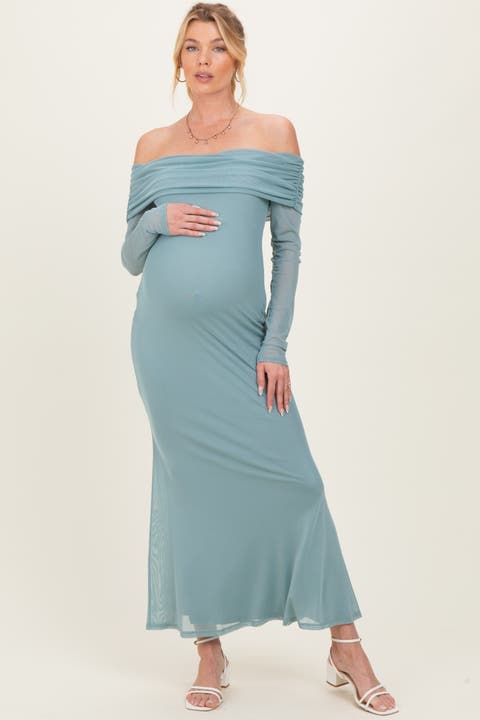 Mesh Overlay Off Shoulder Long Sleeve Midi Dress