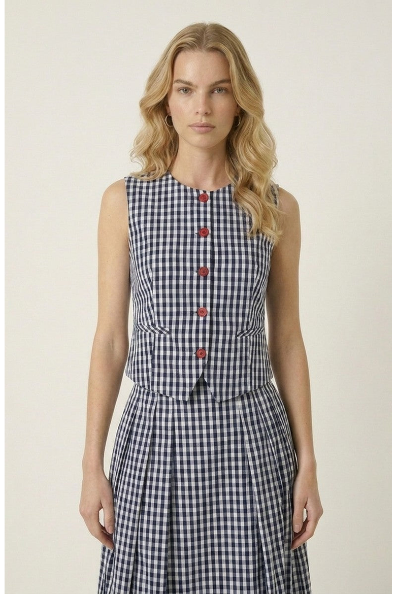 High Waist Pleated Gingham Skirt, Alternate, color, Blue