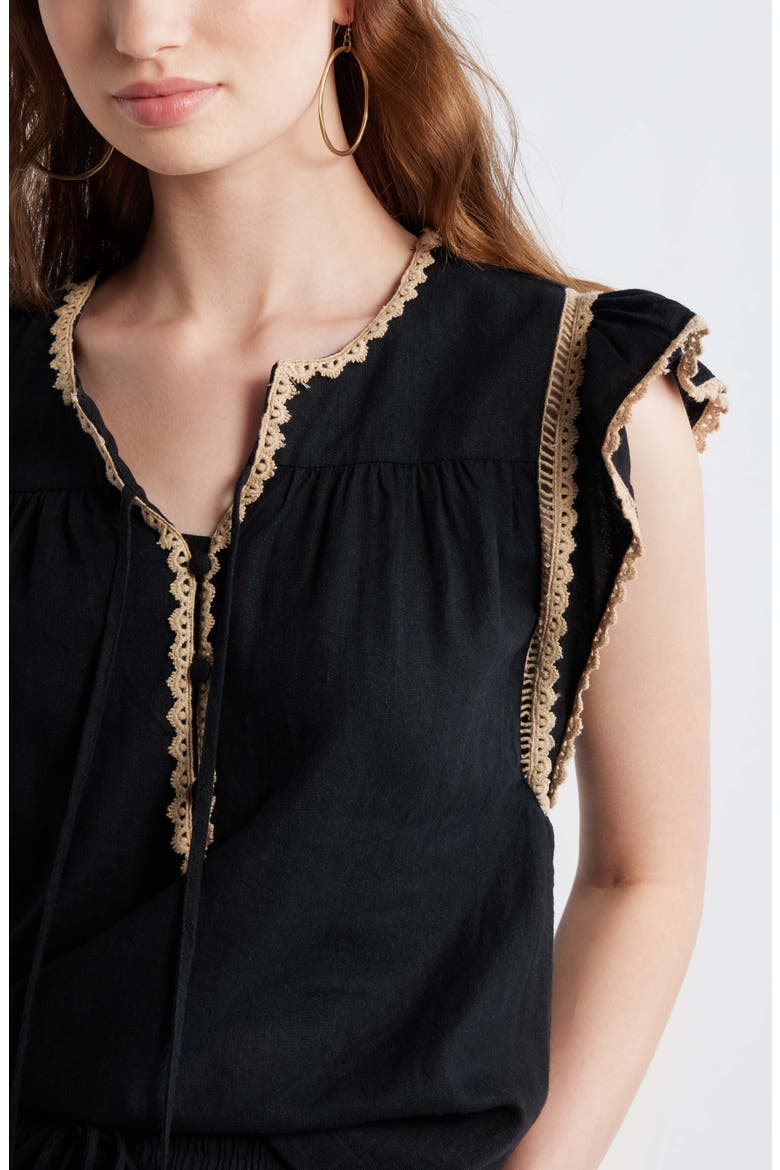 Crochet Trim Linen Blend Top, Alternate, color, BLACK