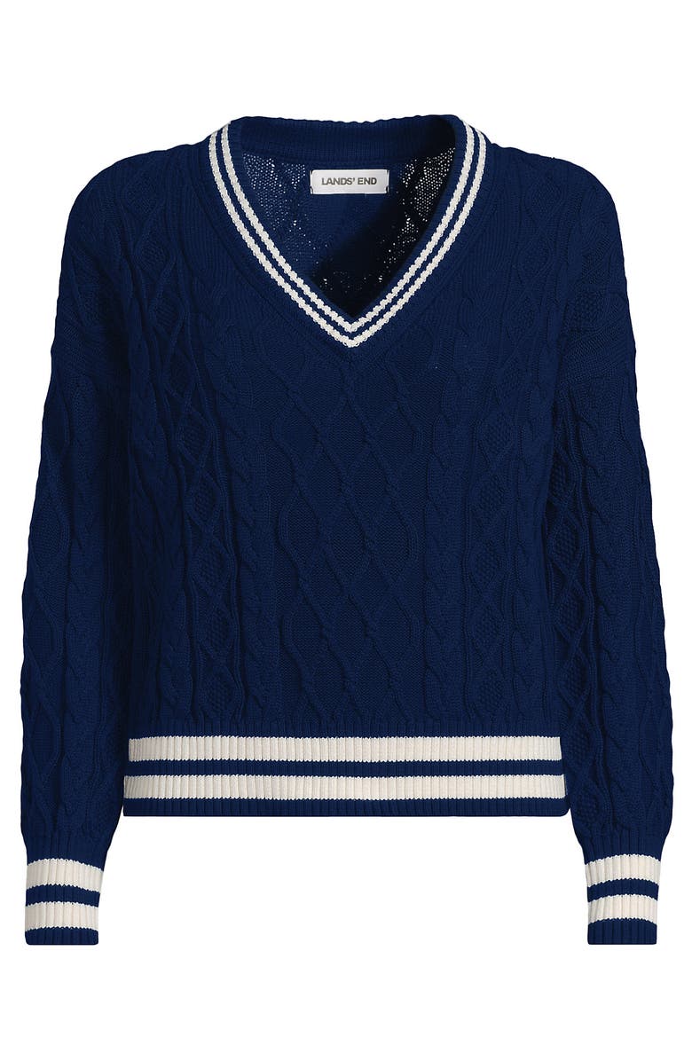 Lands' End Drifter Cable Vneck Sweater, Alternate, color, Deep Sea Navy/Ivory Tipping