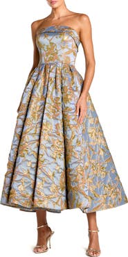 Mac Duggal Strapless Floral Brocade Midi Dress with Pockets