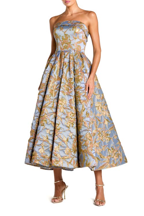 Mac Duggal Strapless Floral Brocade Midi Dress with Pockets in Periwinkle Multi at Nordstrom, Size 2