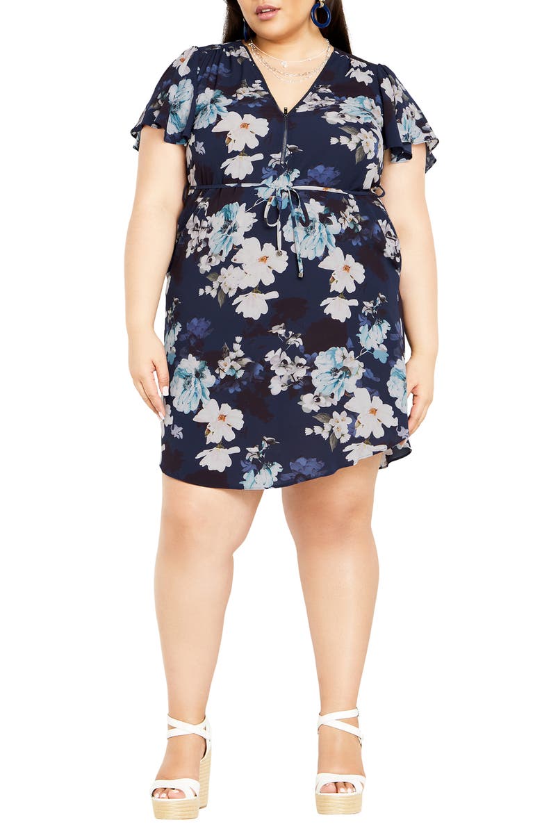 City Chic Megan Floral Print Minidress, Main, color, Navy Print