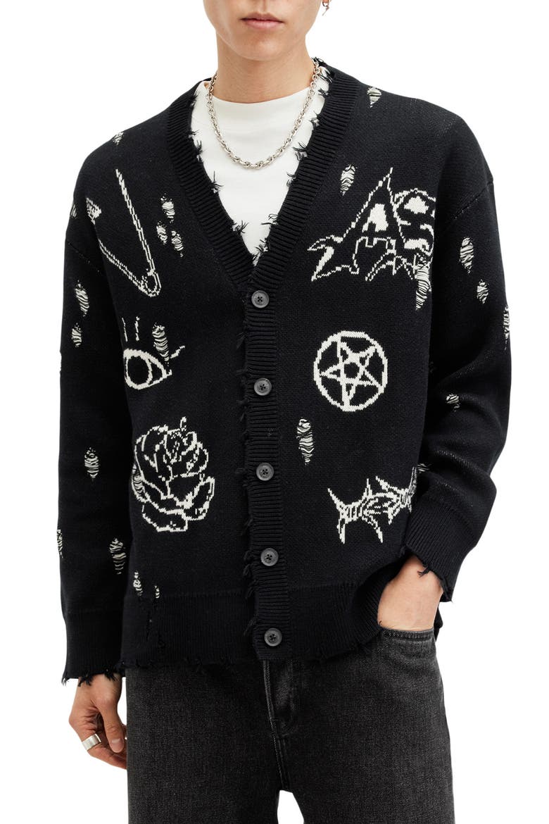 Koto Distressed Cotton Cardigan, Main, color, BLACK/ CHALK WHITE