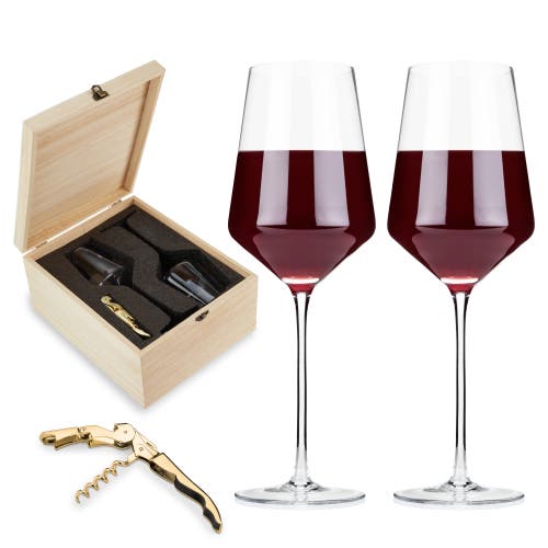 Viski Raye Crystal Angled Bordeaux Glasses & Corkscrew Gift Box Set Of 3 In Clear