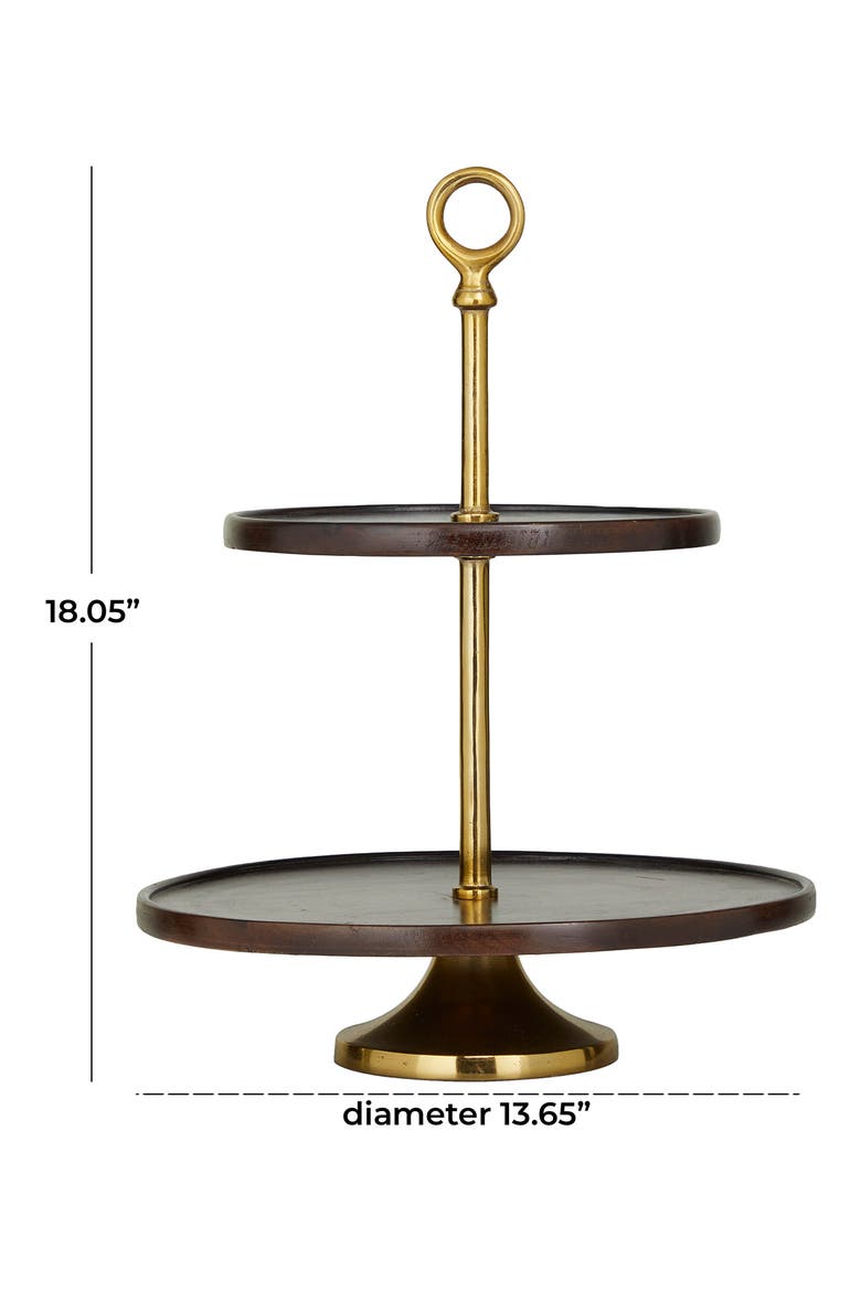 Dark Brown Mango Wood 2-Level Tiered Server with Goldtone Stand, Alternate, color, BROWN