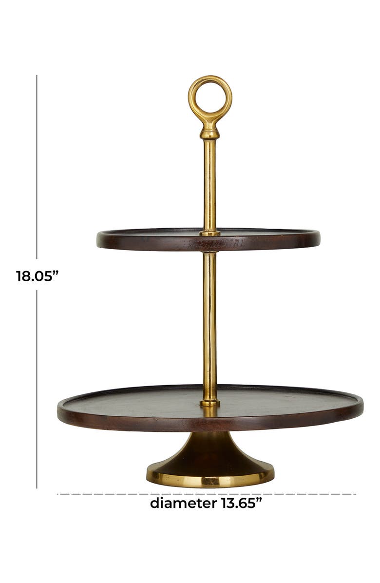 VIVIAN LUNE HOME Dark Brown Mango Wood 2-Level Tiered Server with Goldtone Stand, Alternate, color, Brown