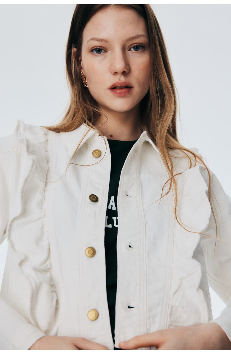 H&M Frill-trimmed Denim Jacket, Alternate, color, White