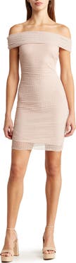 bebe Off the Shoulder Ruched Body-Con Dress
