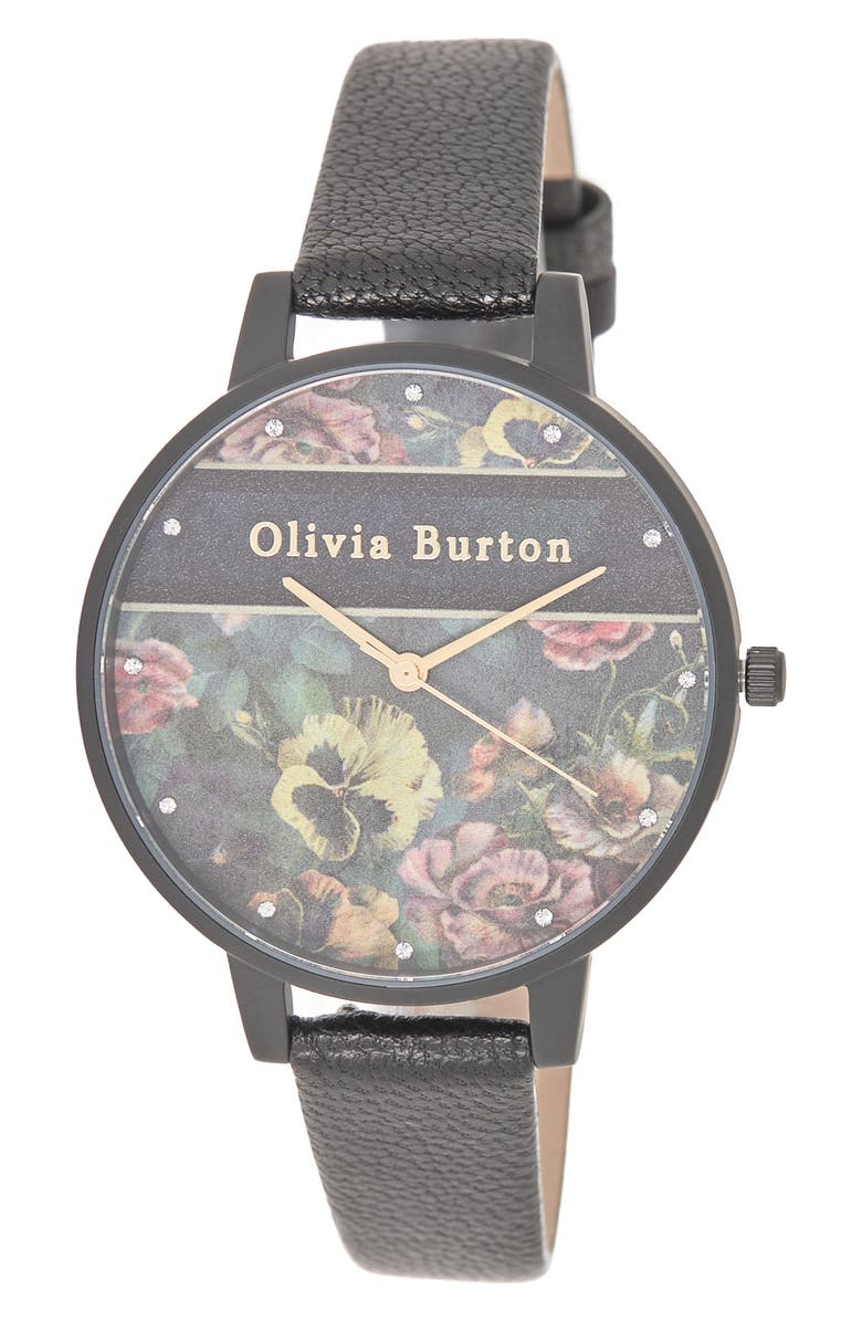 Olivia Burton Women's OLIVIA BURTON Varsity Matte Black Leather Strap Watch, 38mm, Main, color, 
