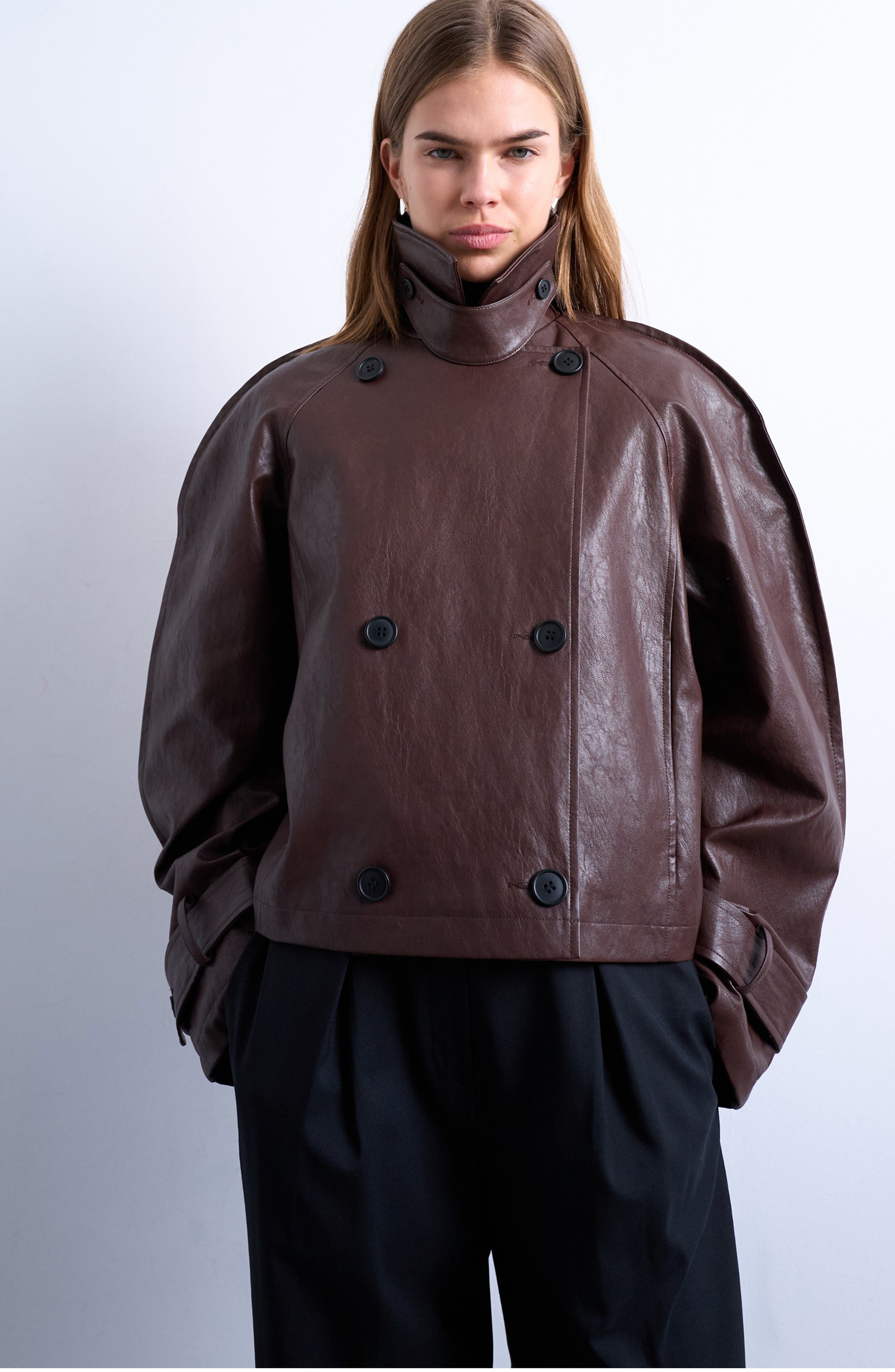 Topshop Ovoid Sleeve Short Faux Leather Trench Coat