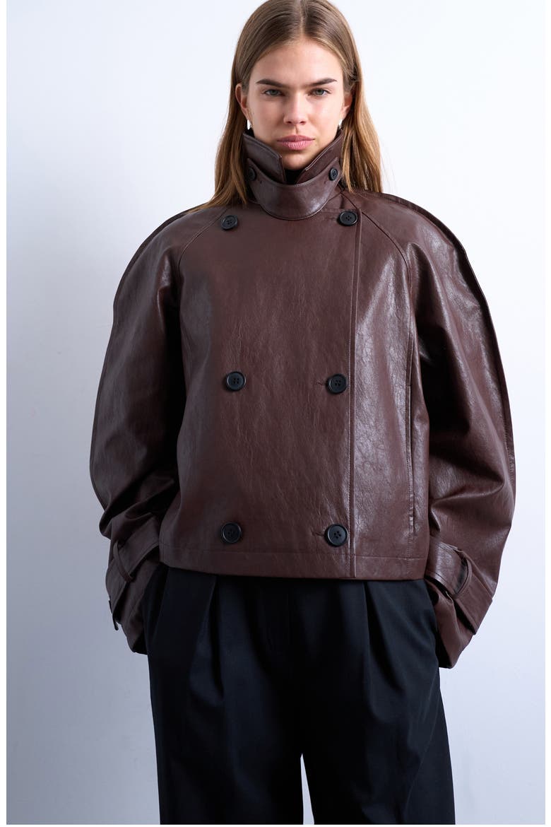 Ovoid Sleeve Short Faux Leather Trench Coat, Main, color, BROWN