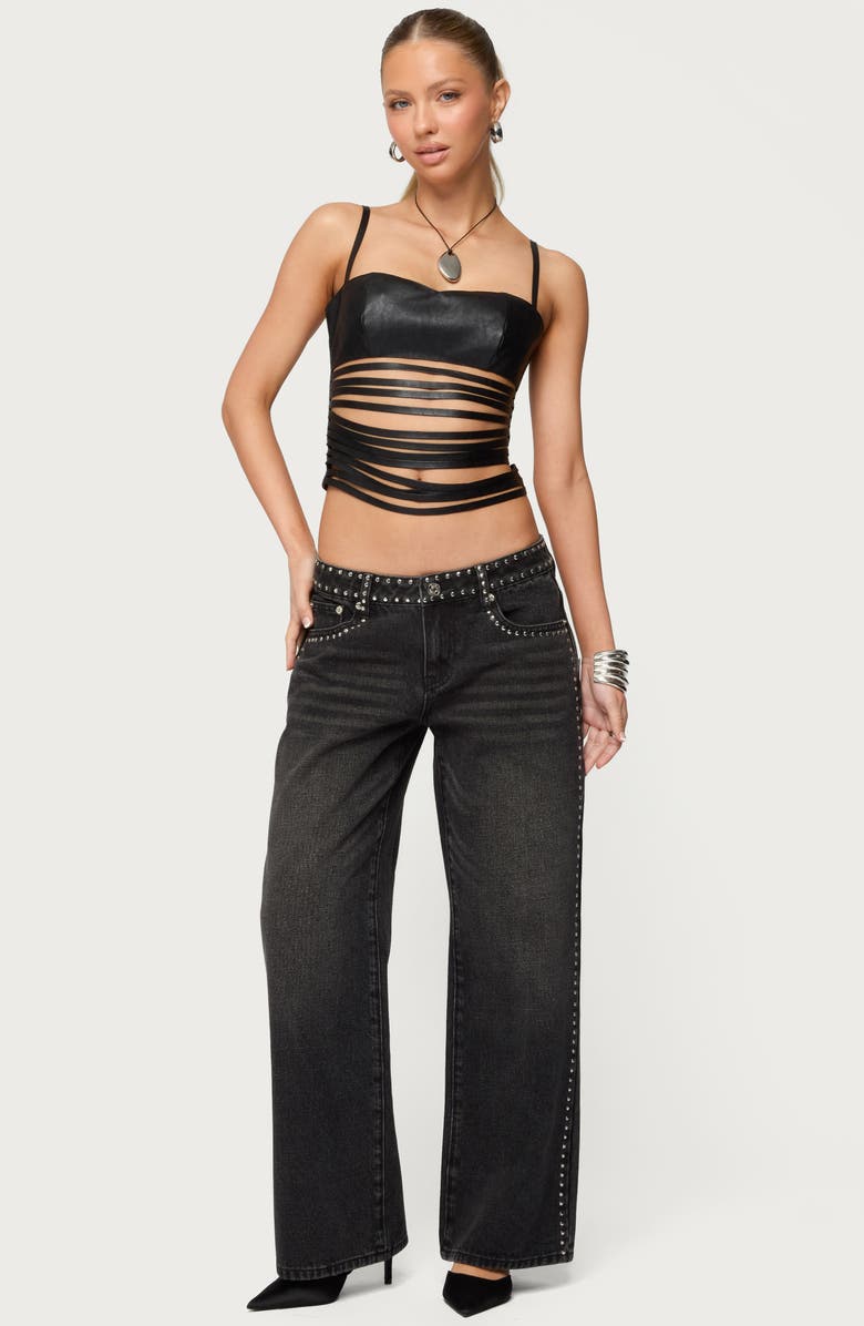EDIKTED Shredded Faux Leather Bustier Top, Alternate, color, Black