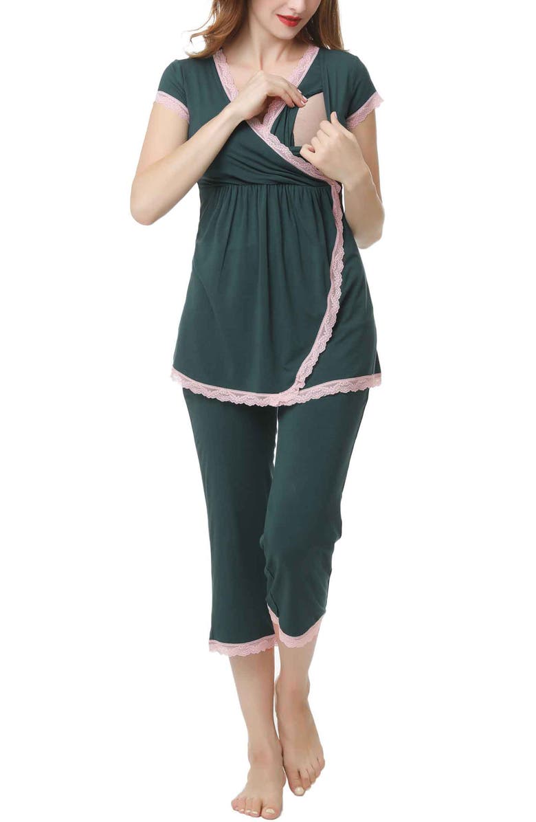 Kimi & Kai Cindy Maternity/Nursing Pajamas Set, Alternate, color, Forest Green