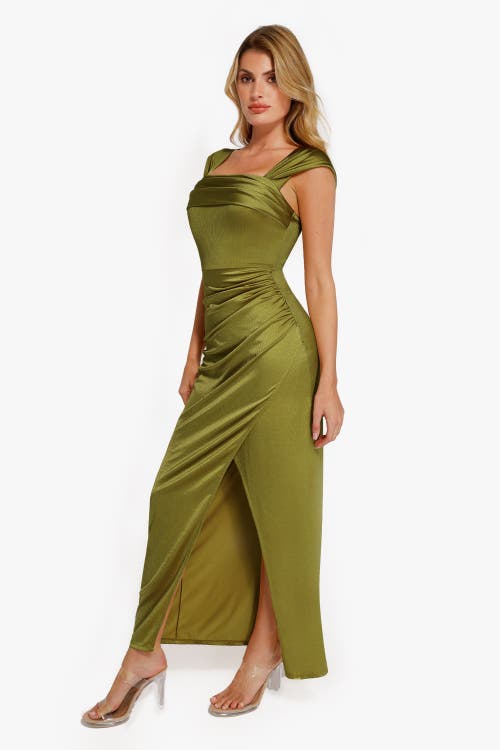 Popilush Shapewear Off Shoulder Shine Ruched Sculpting Maxi Dress In Olive