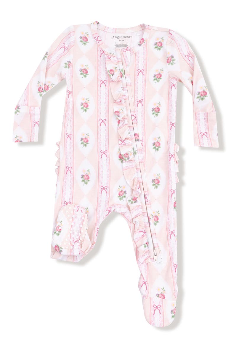 Ogee Lace Floral Print Ruffle Zip Footie, Main, color, LIGHT PINK