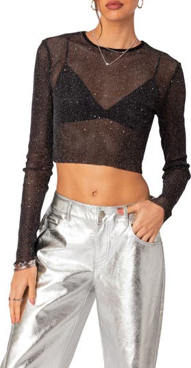 sahara　Glitter Sheer Top WDIRARA Women's Sheer See Through Short Sleeve Mesh Top Tee