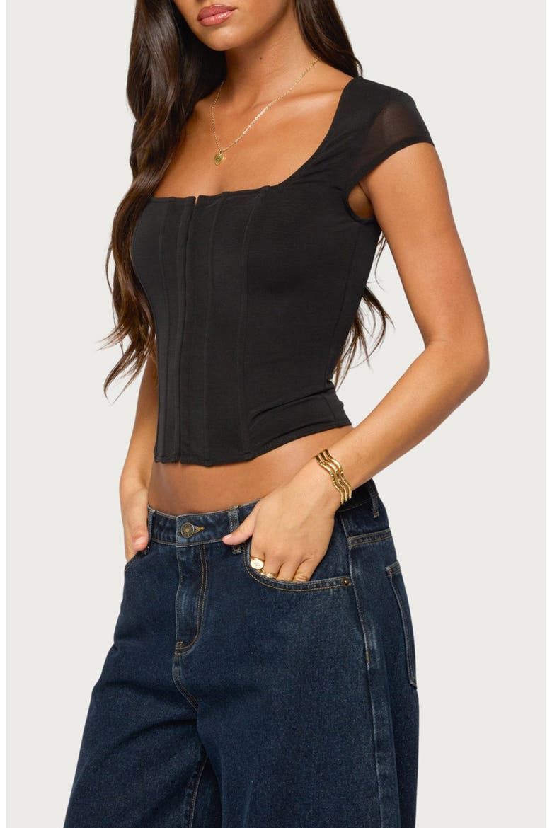 Airlie Hook & Eye Mesh Corset Top, Alternate, color, BLACK