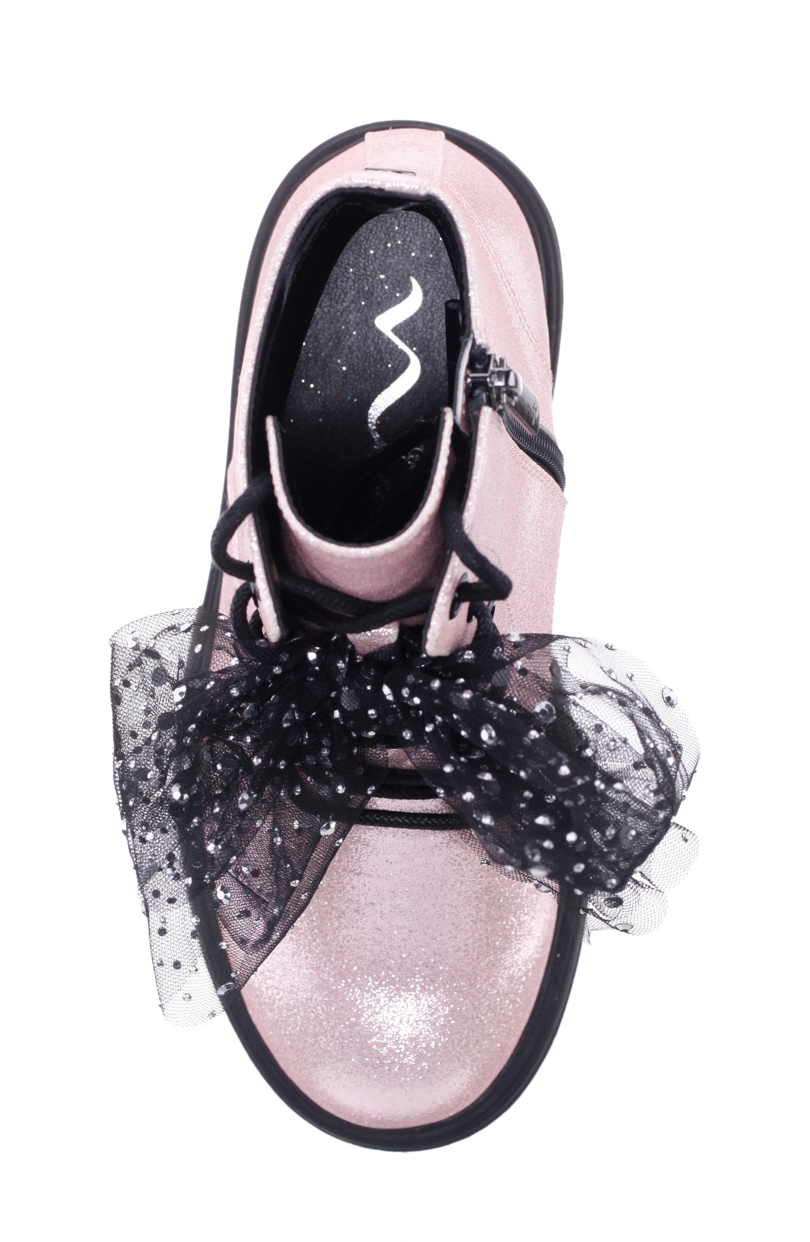 Nina Kids' Tink Crystal Mesh Bow Glitter Combat Boot, Alternate, color, Light Pink Glitter