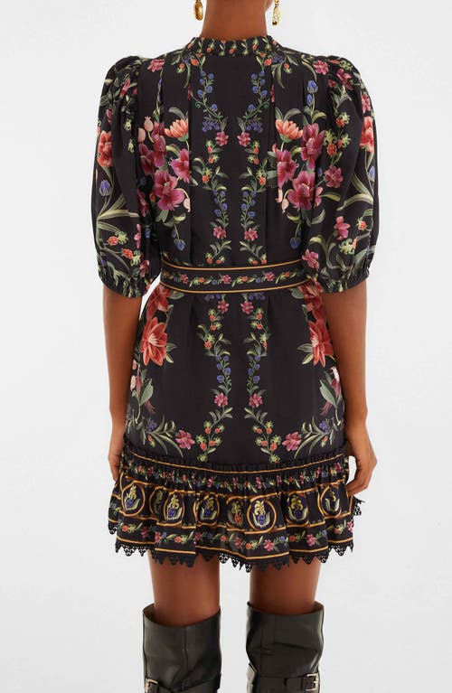 Farm Rio Black Belle Garden Lace Belted Mini Dress In Multi