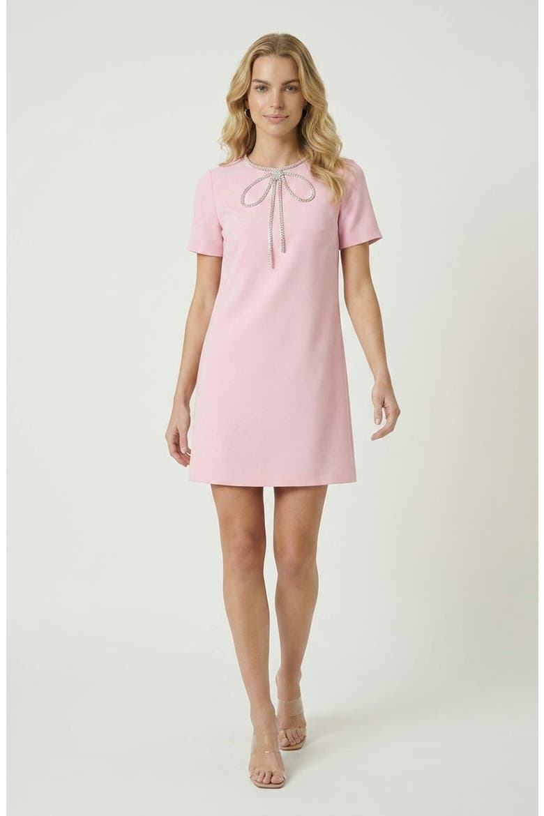 Rhinestone Bow Detail Short Sleeve Mini Dress, Alternate, color, Pink