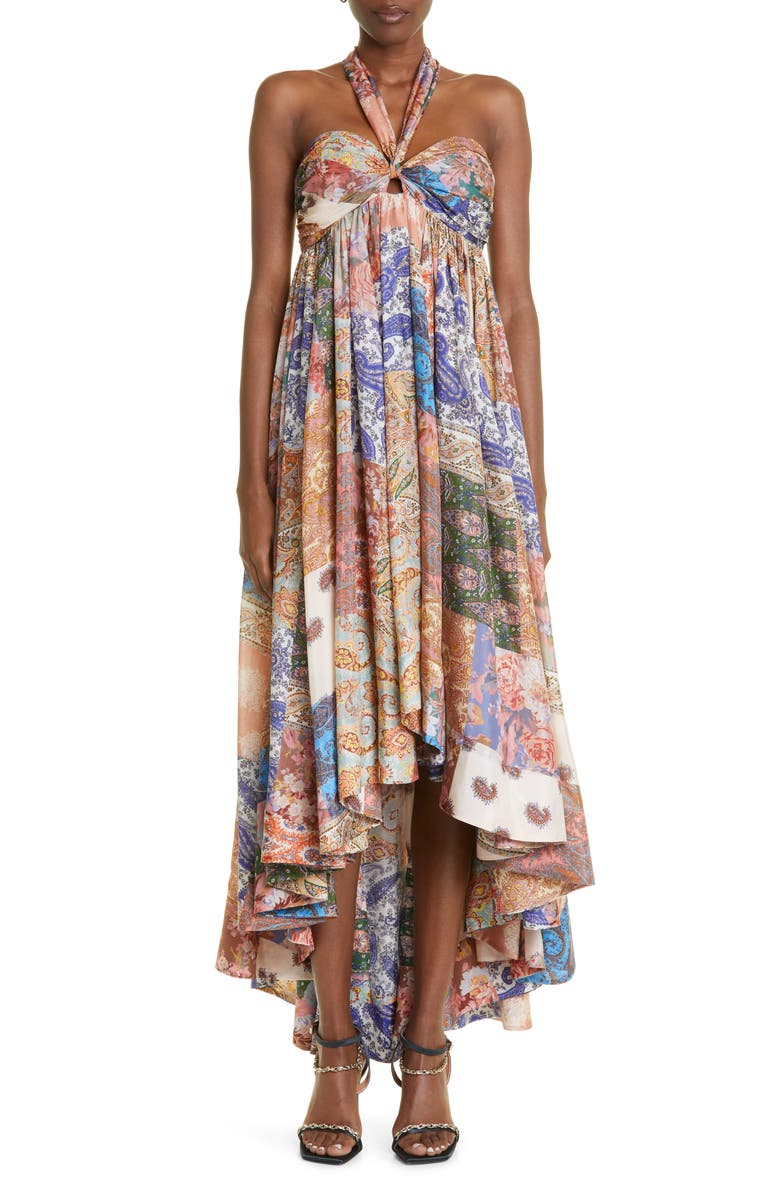 Zimmermann Devi Mixed Print Halter Neck Silk Dress, Main, color, 