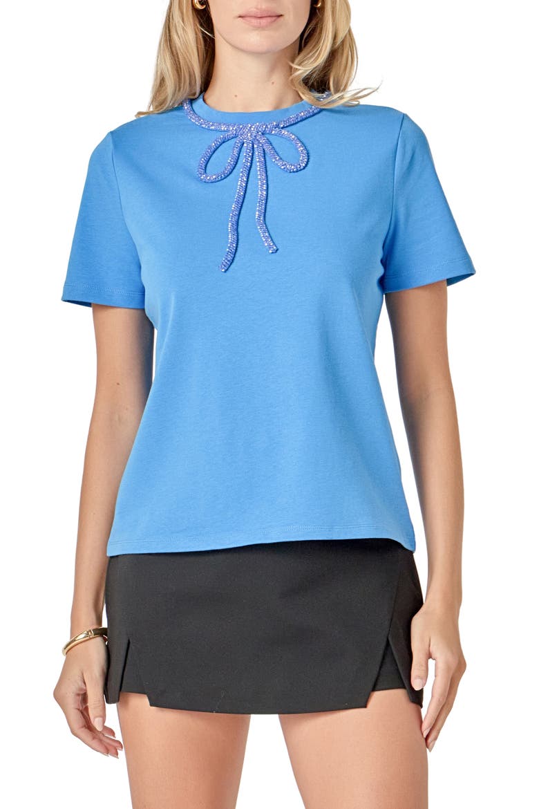 Beaded Bow Cotton T-Shirt, Main, color, BLUE