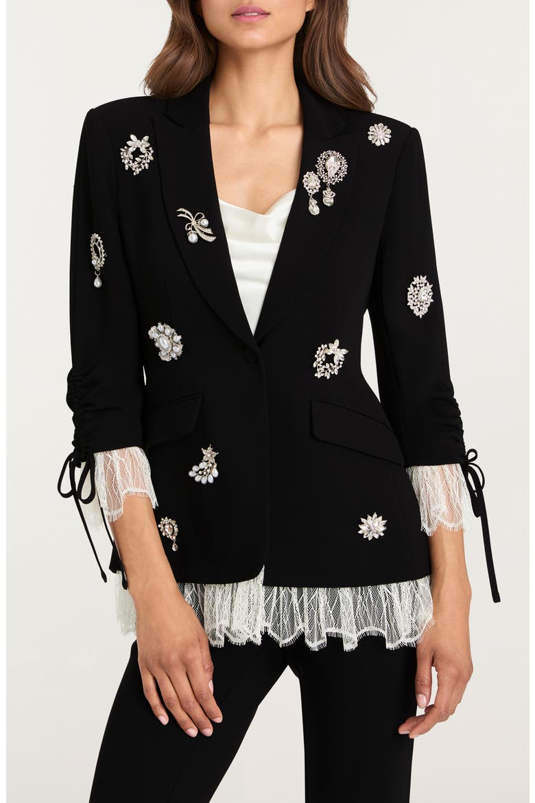 Roxie Crystal Brooch Blazer, Alternate, color, BLACK/ IVORY
