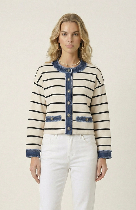 Striped Knit Denim Trim Cardigan