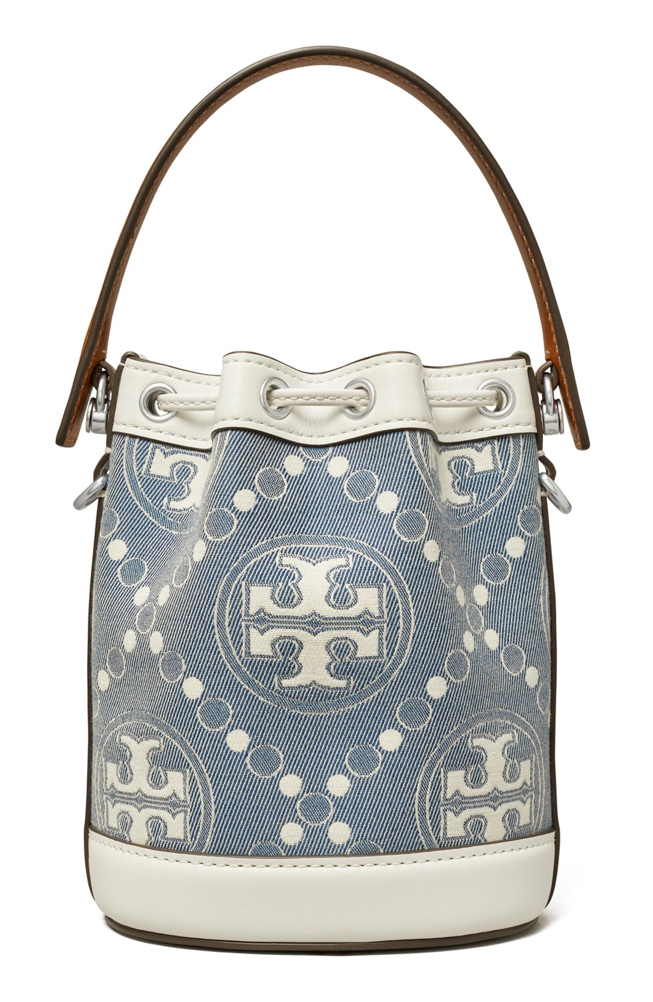 Tory Burch Mini T Monogram Denim Bucket Bag, Alternate, color, 