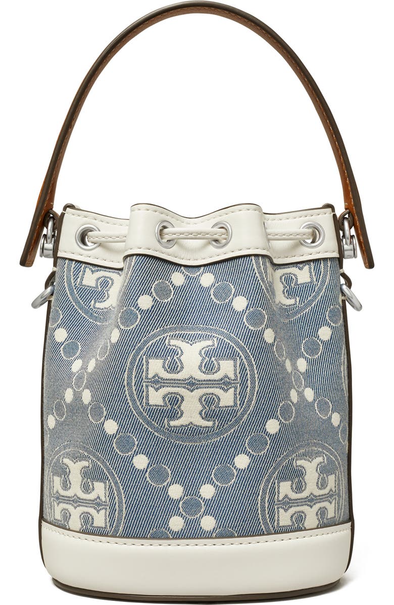 Tory Burch Mini T Monogram Denim Bucket Bag, Alternate, color,