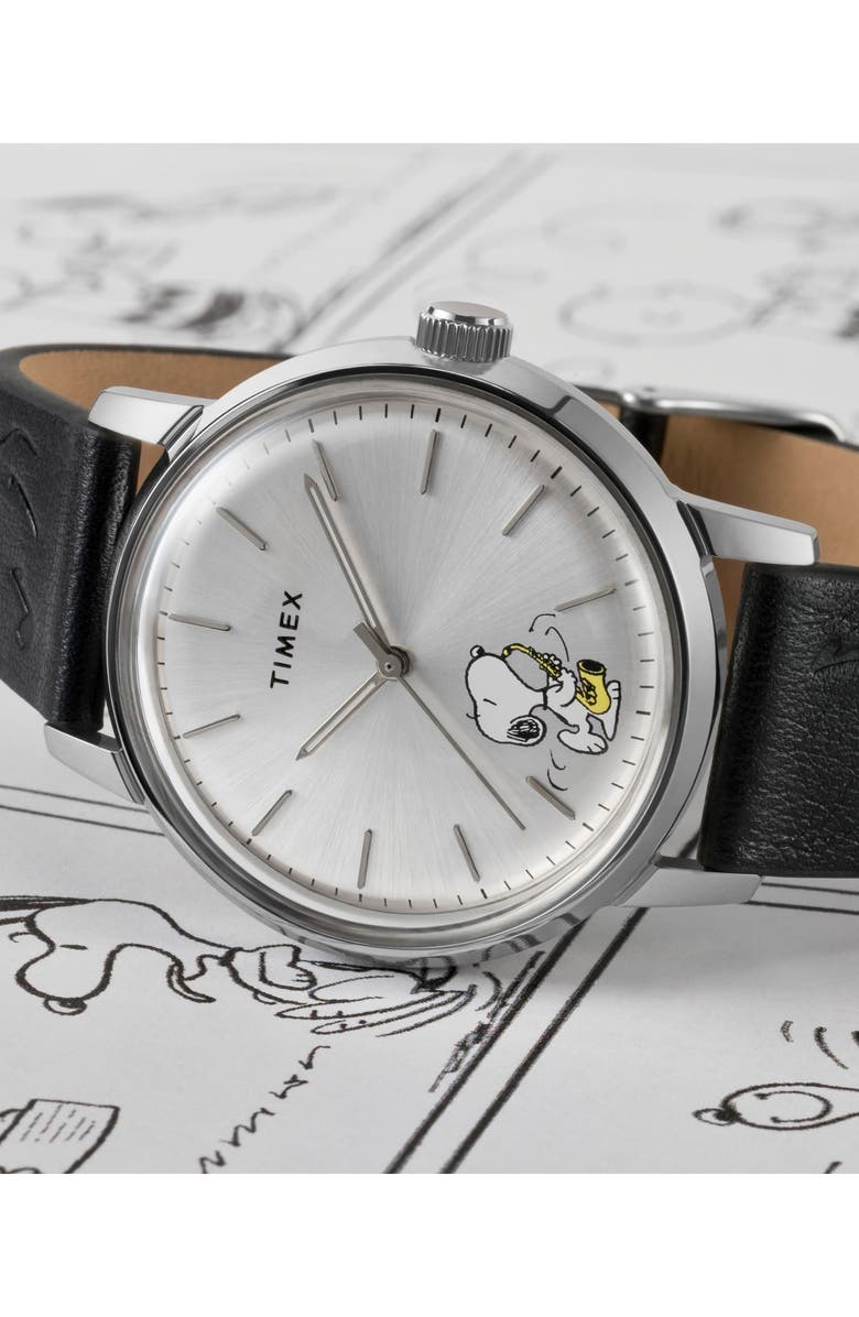 Timex<sup
®</sup
x Peanuts Marlin<sup
®</sup
Saxophonist Automatic Leather Strap Watch, 40mm, Alternate, color, Silver