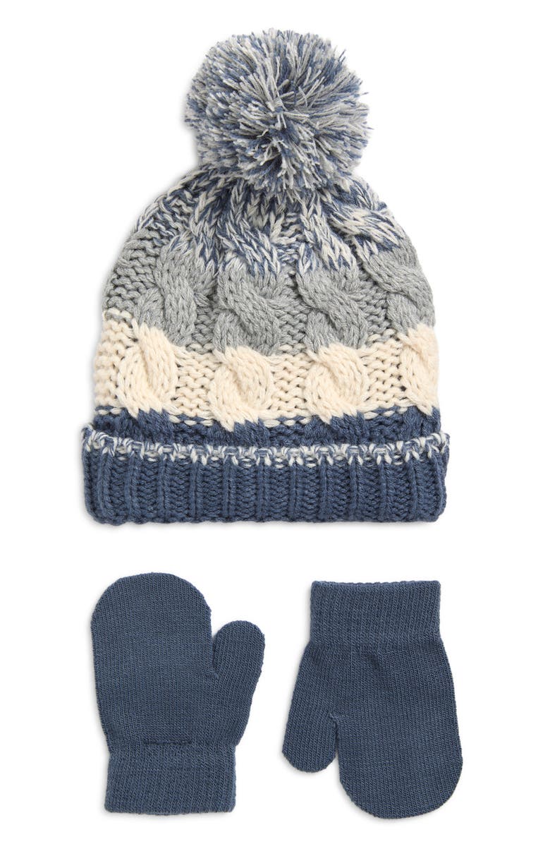 Capelli New York Kids' Stripe Cable Knit Pompom Beanie & Gloves Set, Main, color, Blue Combo