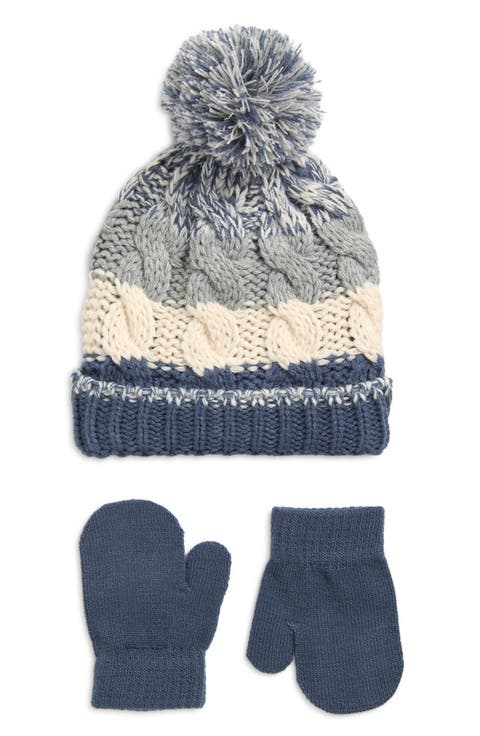 Kids' Stripe Cable Knit Pompom Beanie & Gloves Set (Baby)