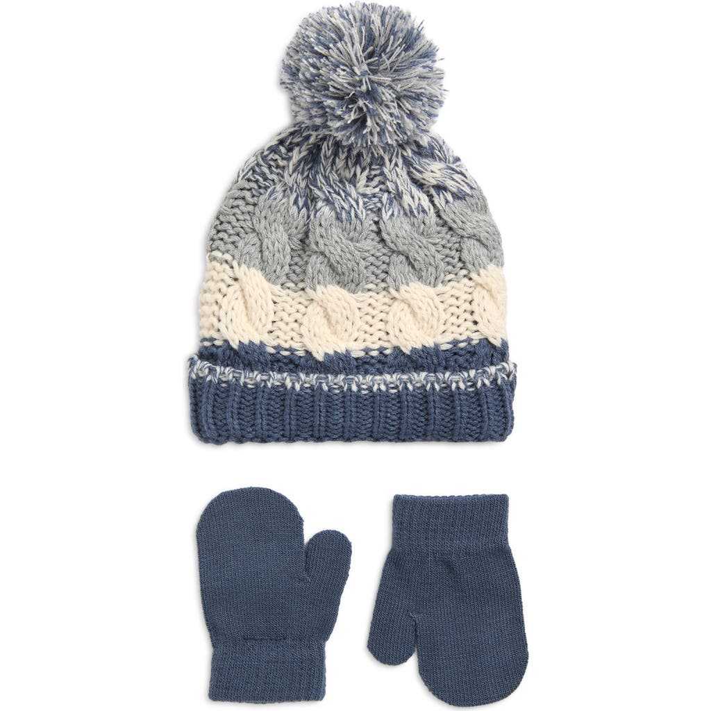 Capelli New York Kids' Stripe Cable Knit Pompom Beanie & Gloves Set In Green