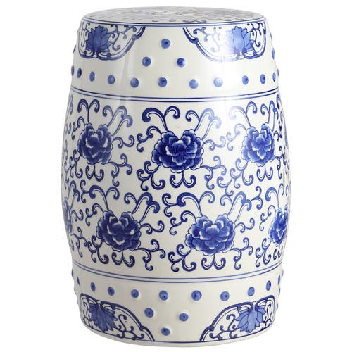 Jonathan Y Lotus Flower 17.8" Chinoiserie Ceramic Drum Garden Stool In Blue/white