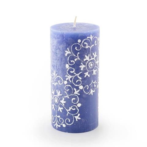 Henna White on Blue Painted Pillar Candle