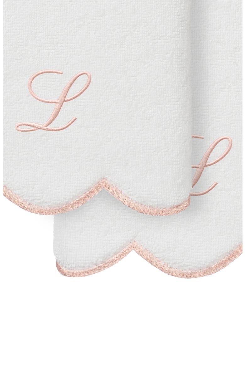 Adornia Scallop Set of 2 Monogram Hand Towels, Alternate, color, WHITE/ PINK L
