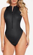 Popilush Shapewear Faux Leather Mock Neck Zip Front Sculpting Bodysuit