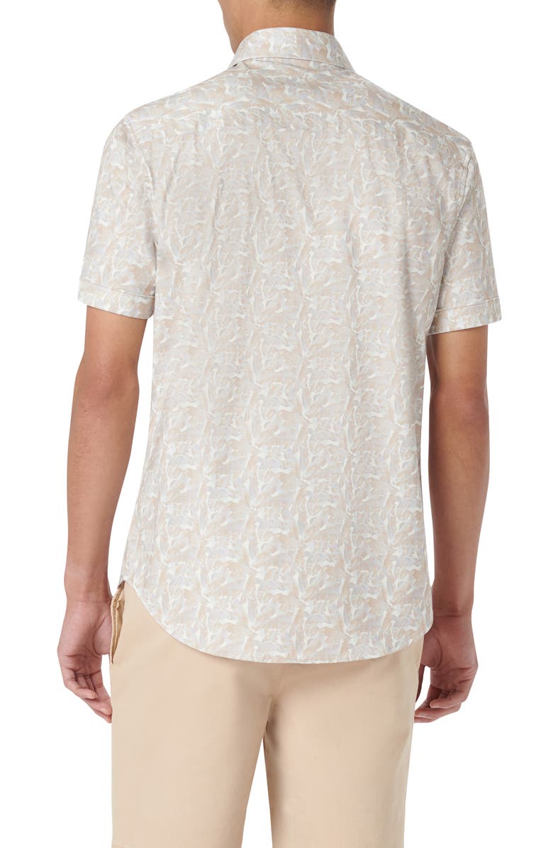 Bugatchi Miles OoohCotton<sup>®</sup> Leaf Print Short Sleeve Button-Up Shirt, Alternate, color, Sand