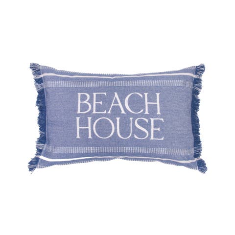 Beach House Striped Embroidered and Fringed Reversible Throw Pillow, 14" x 22"