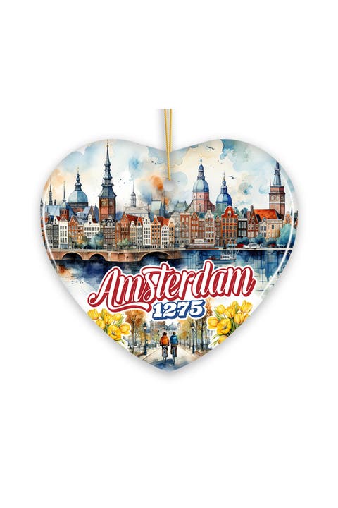 Amsterdam Canals Watercolor Heart Ceramic Ornament