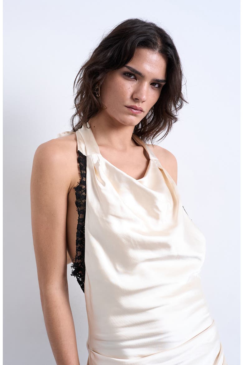 Ruched Lace Trim Satin Cowl Neck Minidress, Alternate, color, IVORY