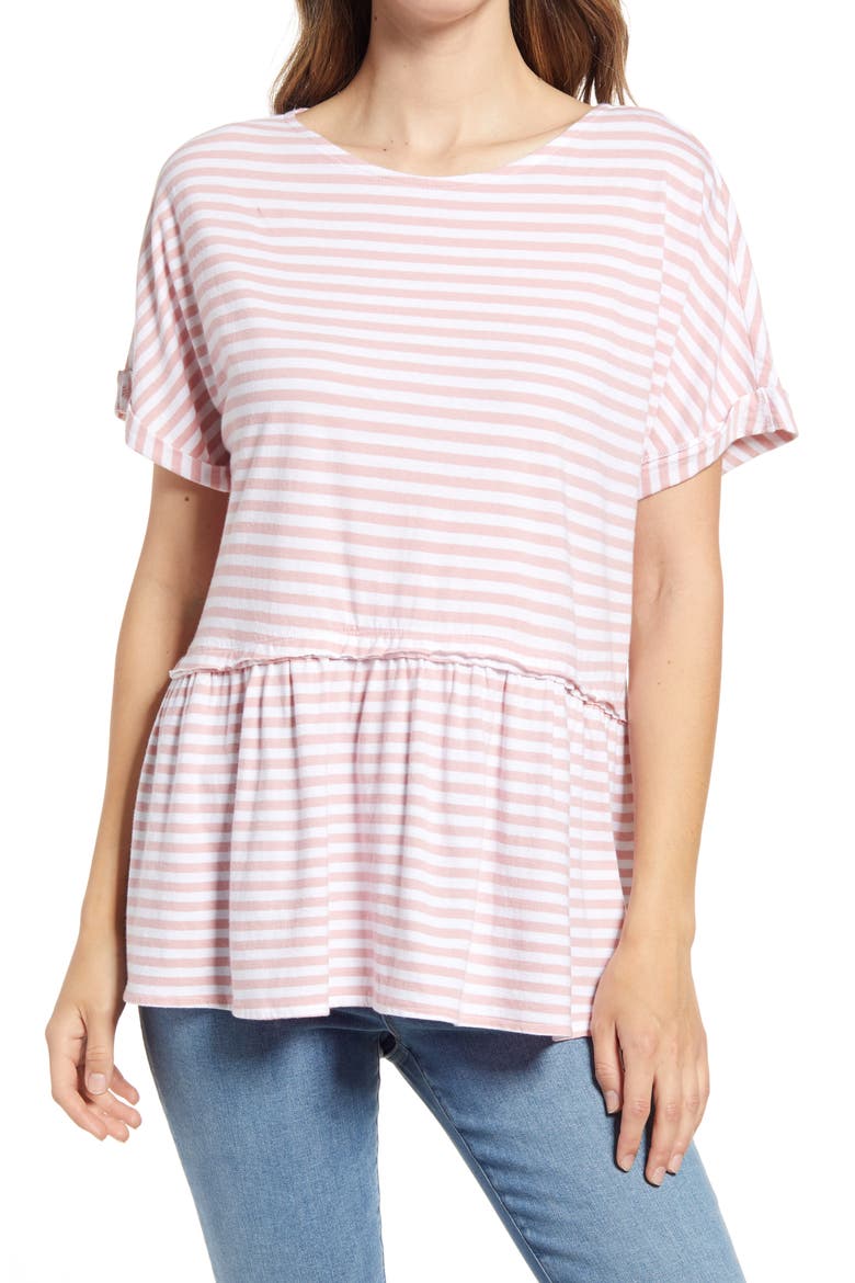Floaty Peplum Jersey Top, Main, color, WHITE- PINK STRIPE