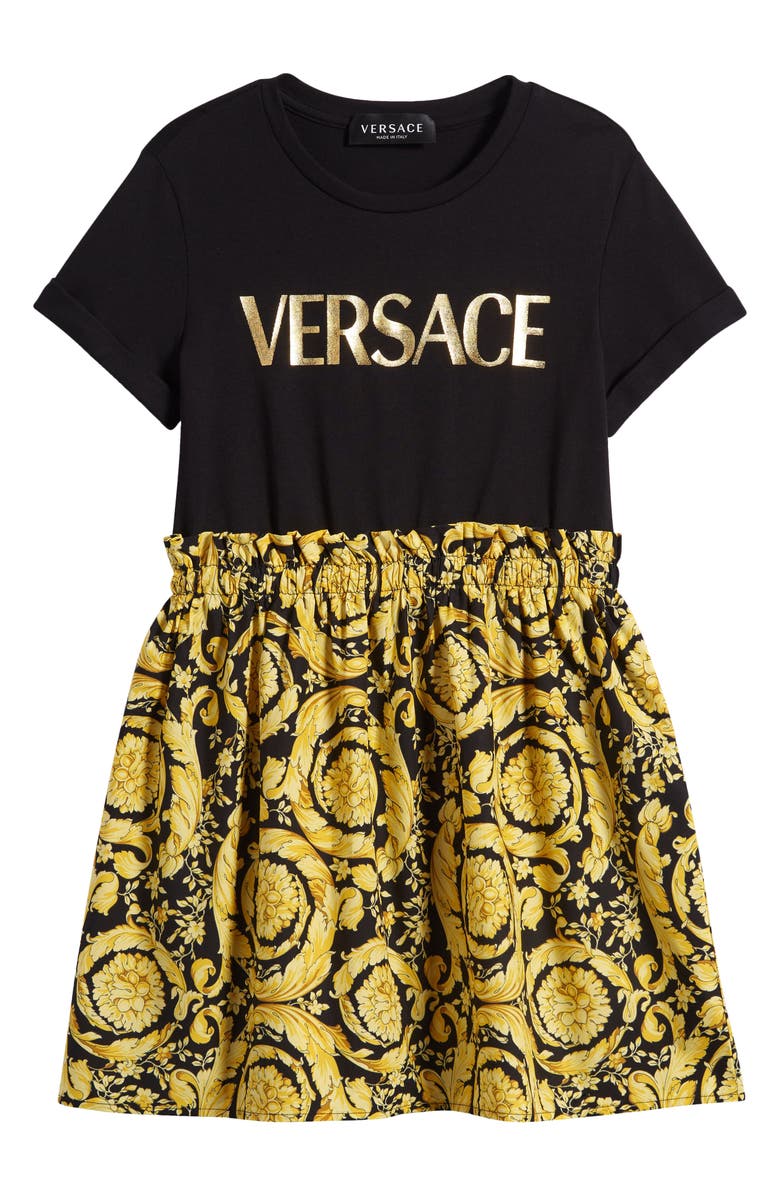 Versace Kids' Barocco Print Cotton Logo Dress, Main, color, 