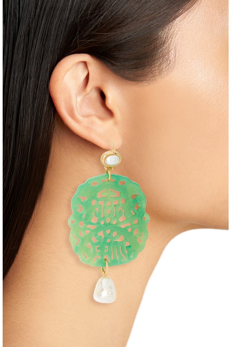 Carved Stone Faux Pearl Drop Earrings, Alternate, color, JADE