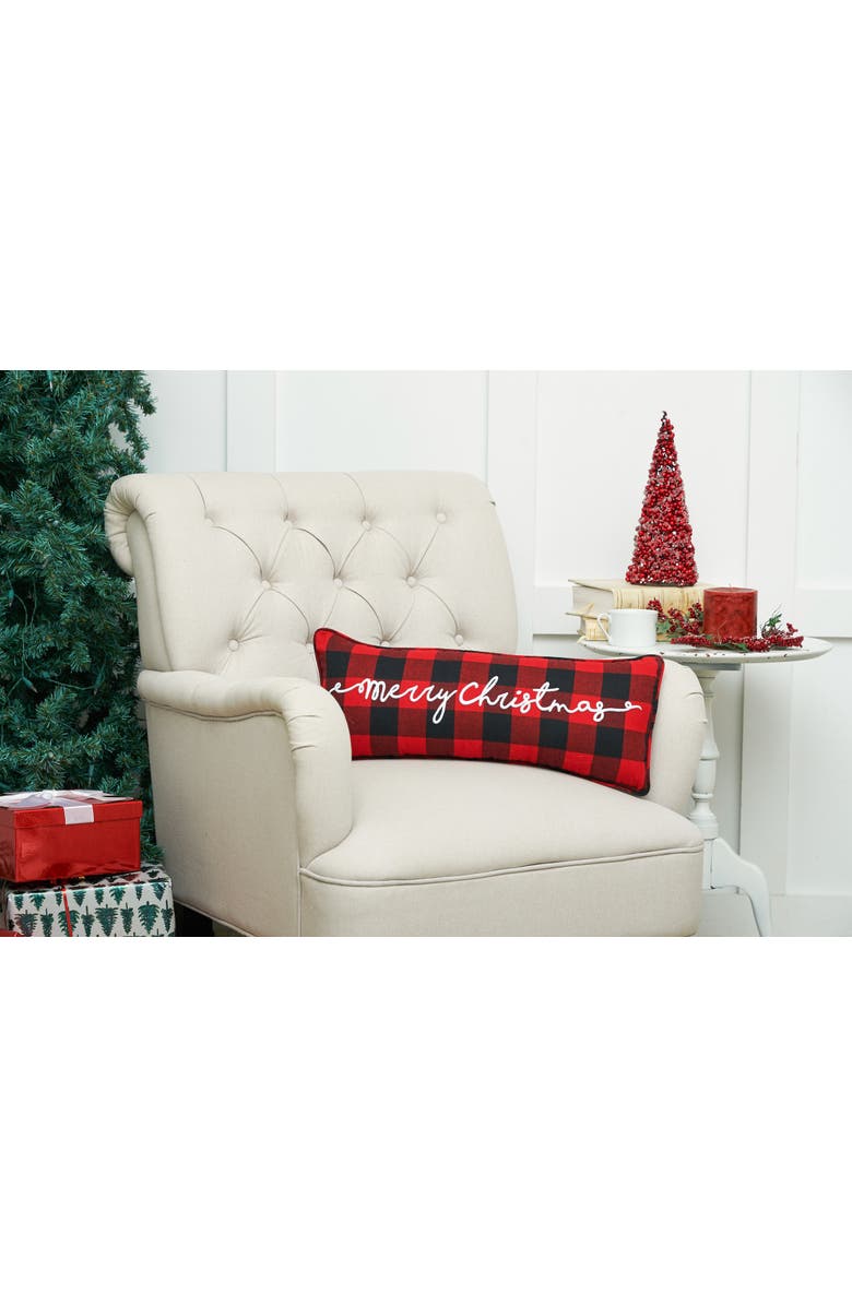 C&F Home Plaid Checkered "Merry Christmas" Embroidered Cotton Blend Mini Accent Pillow 9" x 22", Alternate, color, Black