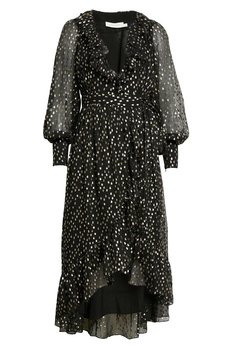 Ruffle Long Sleeve Silk Blend Fil Coupé Wrap Dress, Alternate, color, BLACK