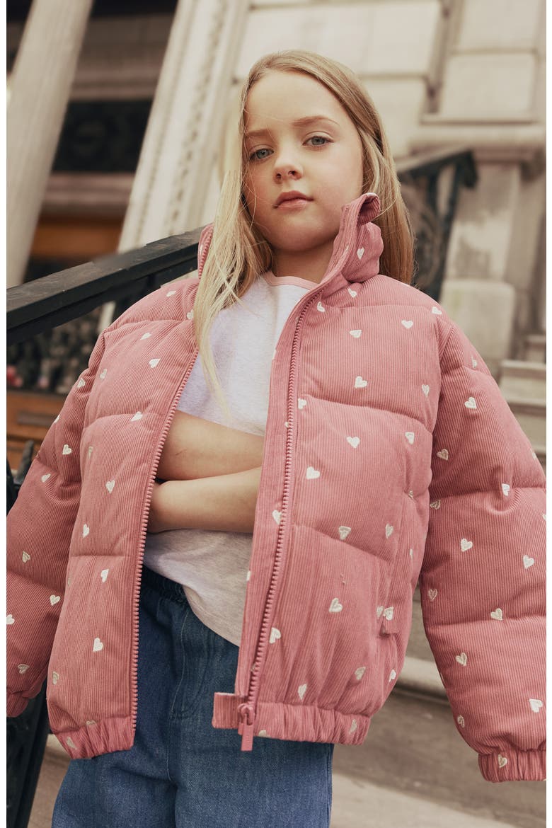 Kids' Heart Embroidered Corduroy Puffer Jacket, Alternate, color, DUSTY PINK